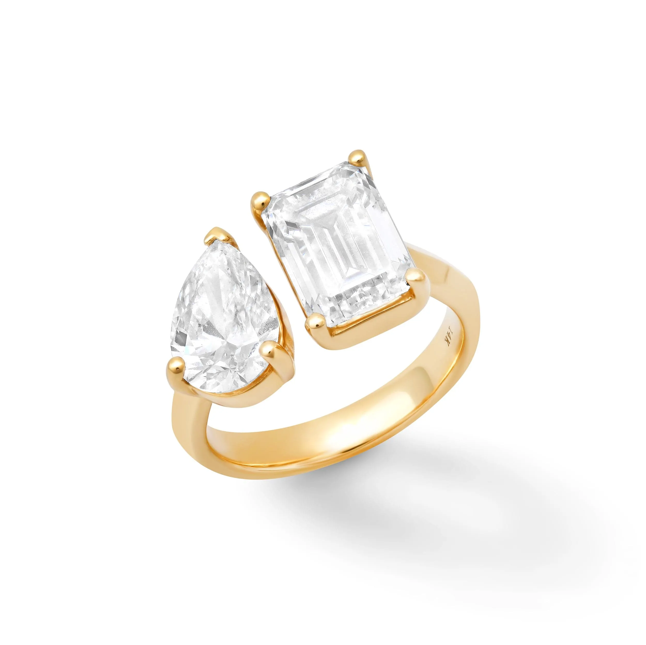 14K & 18K Gold Emerald Cut and Pear Cut Double Diamond Ring