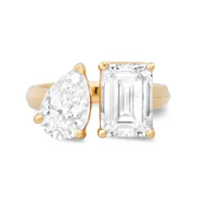 14K & 18K Gold Emerald Cut and Pear Cut Double Diamond Ring