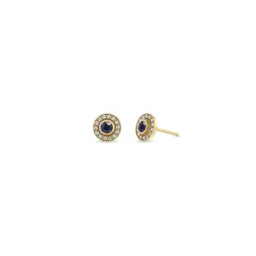 14k Round Blue Sapphire & Diamond Halo Studs