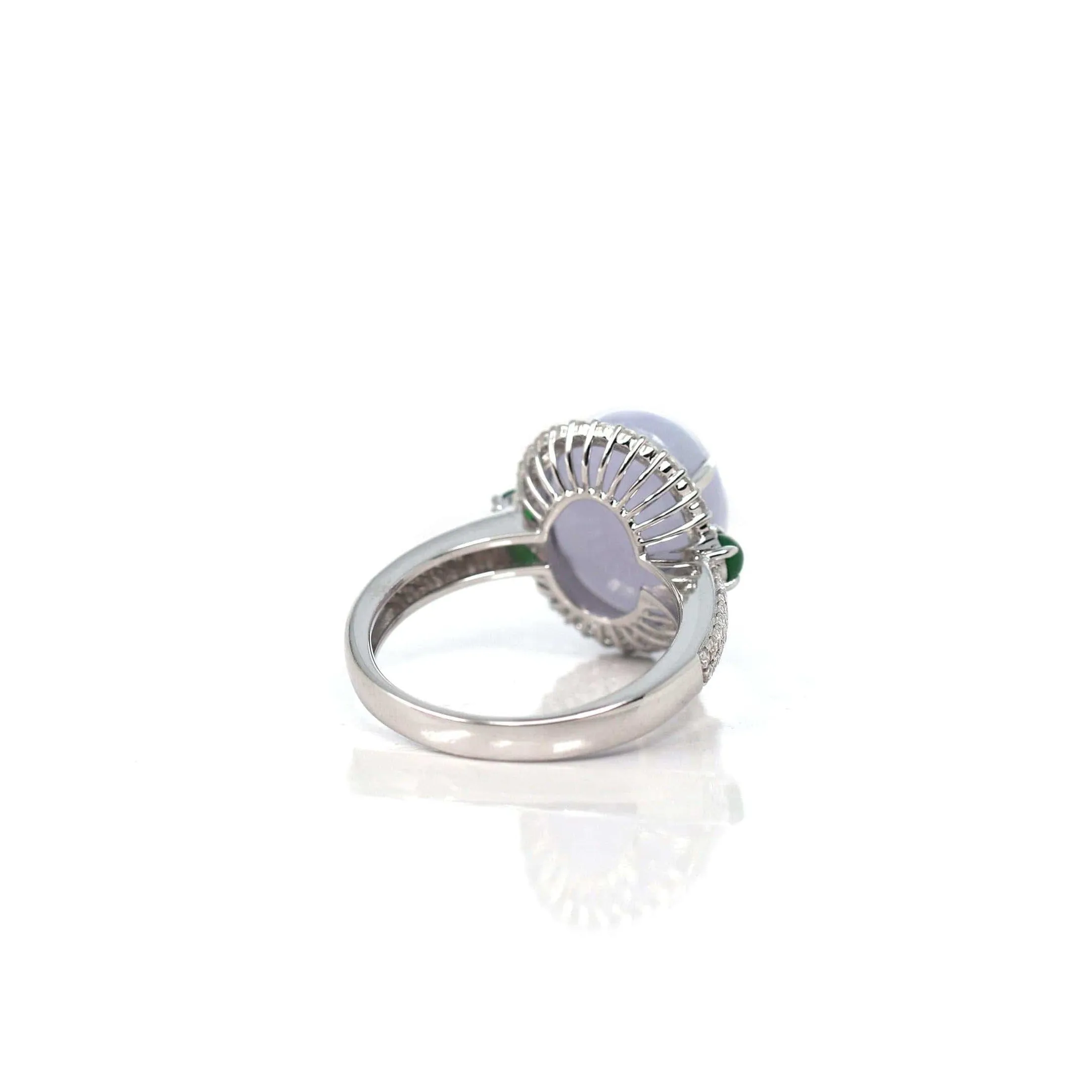 14k White Gold Natural Rich Lavender Oval Jadeite Jade Engagement Ring With Diamonds