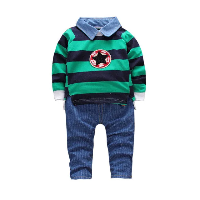 2 Piece Toddler Boy BeBe Striped Star Sweatshirt and Striped Jeans Set