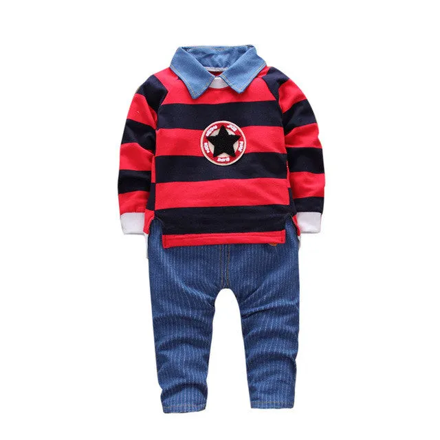 2 Piece Toddler Boy BeBe Striped Star Sweatshirt and Striped Jeans Set