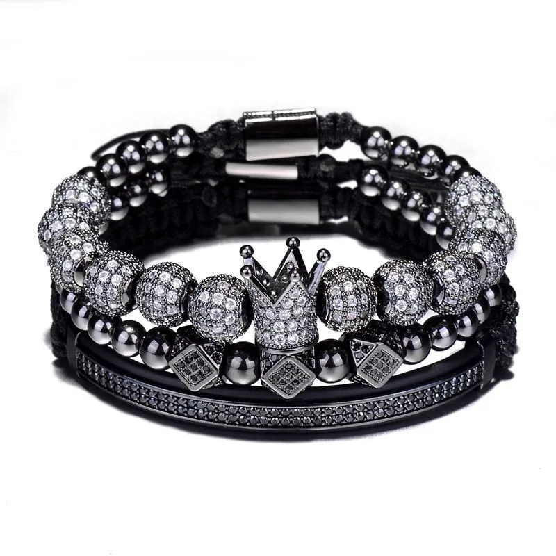 3-Piece Crown, 8mm Micro Pave Cubic Zirconia Ball and Beads Hip-Hop Charm Bracelet