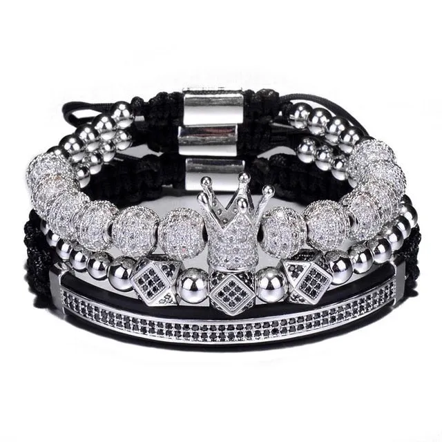 3-Piece Crown, 8mm Micro Pave Cubic Zirconia Ball and Beads Hip-Hop Charm Bracelet