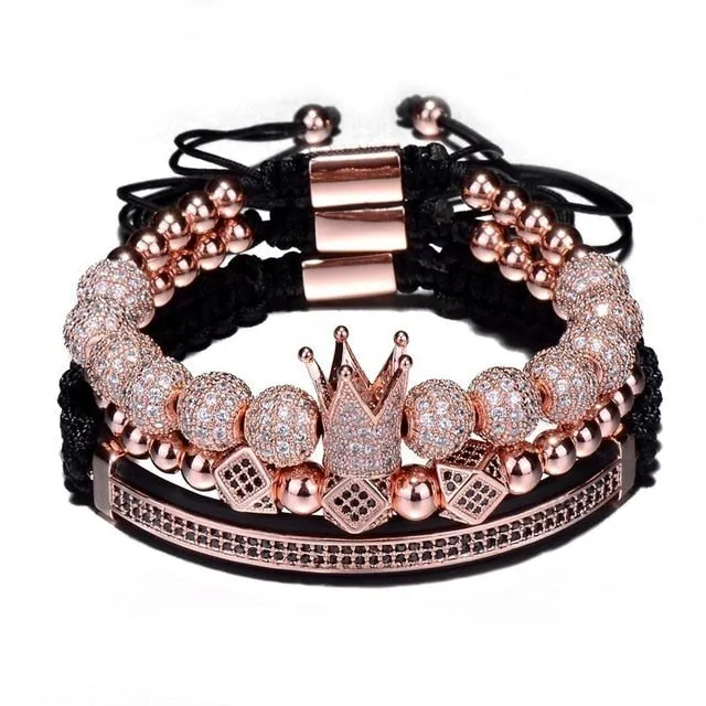 3-Piece Crown, 8mm Micro Pave Cubic Zirconia Ball and Beads Hip-Hop Charm Bracelet