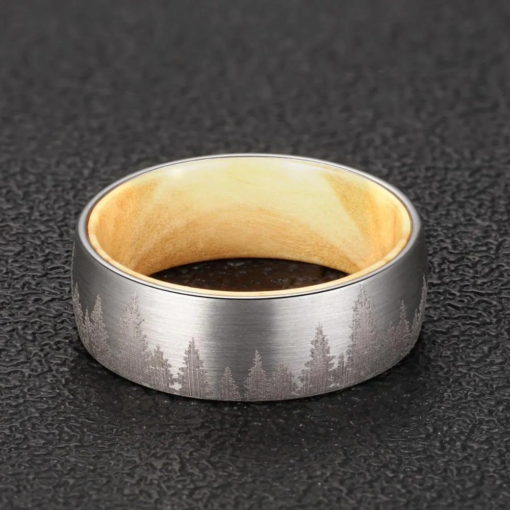 8mm Mountain Forest Olive Wood and Tungsten Carbide Comfort Fit Wedding Band