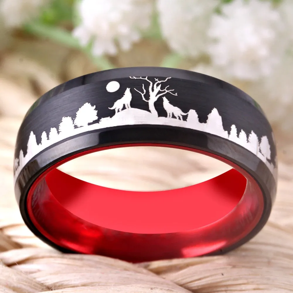 8mm Wolves in the Forest Black and Red-Plated Tungsten Wedding Ring