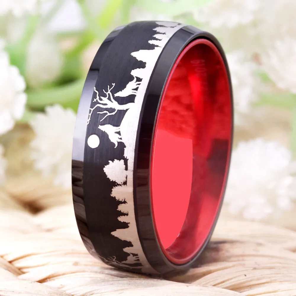 8mm Wolves in the Forest Black and Red-Plated Tungsten Wedding Ring