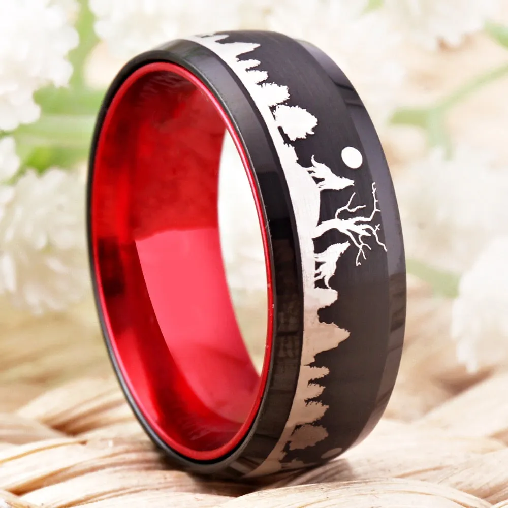 8mm Wolves in the Forest Black and Red-Plated Tungsten Wedding Ring