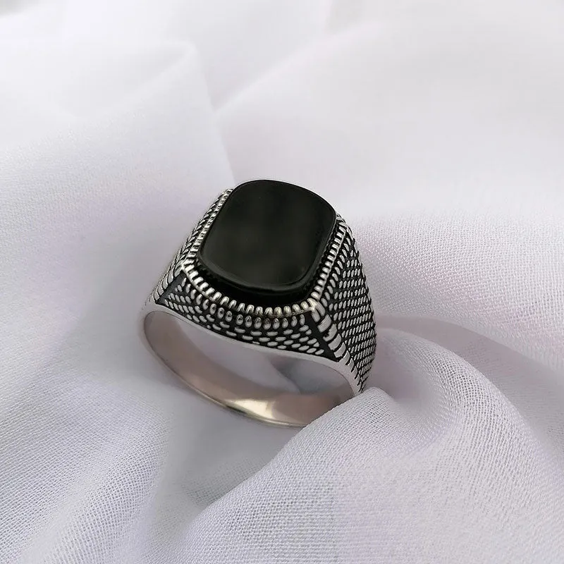 925 Sterling Silver Black Agate Vintage Gothic Ring