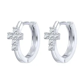 925 Sterling Silver Hoop Earrings with Cubic Zirconia Cross