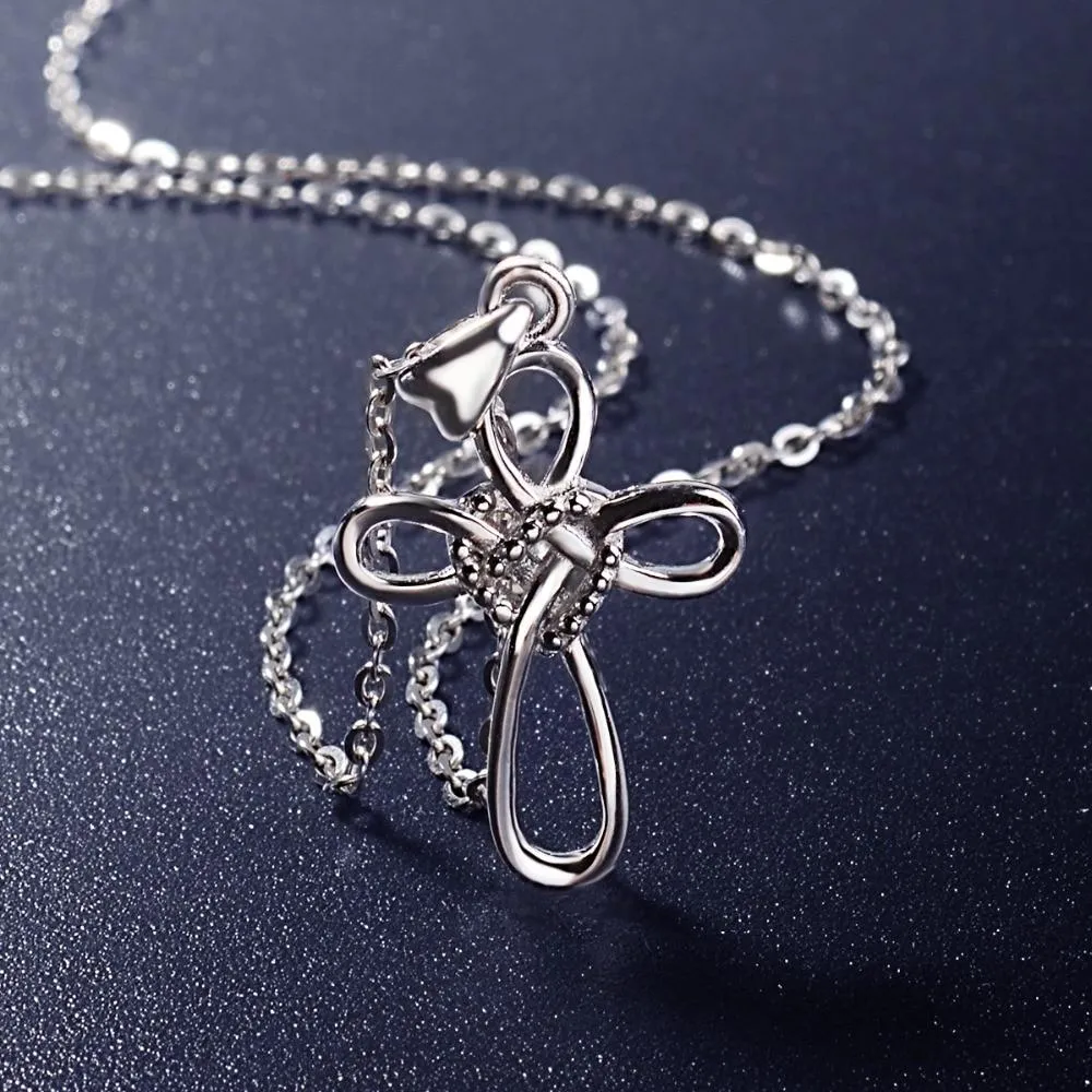 925 Sterling Silver Knot Heart and Cross Pendant with Dotted Accent Necklace