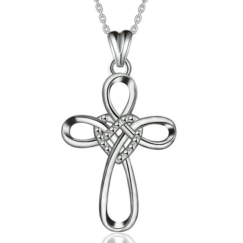 925 Sterling Silver Knot Heart and Cross Pendant with Dotted Accent Necklace