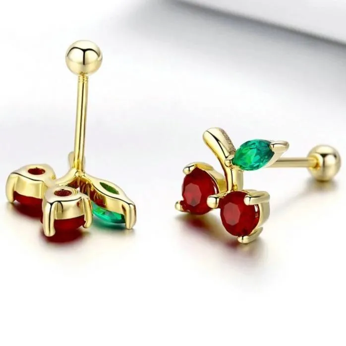 925 Sterling Silver Red & Gold and Green Cherry Stud Earrings