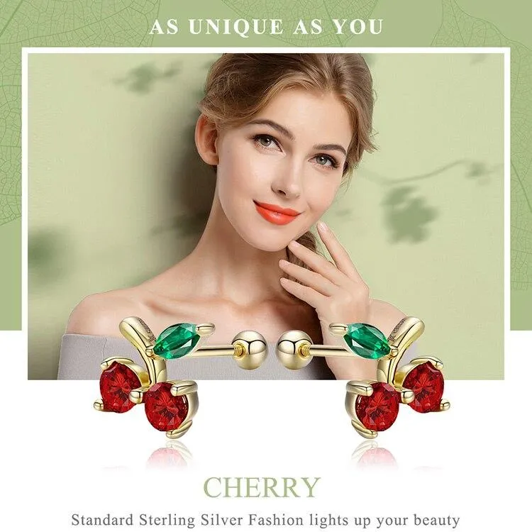 925 Sterling Silver Red & Gold and Green Cherry Stud Earrings