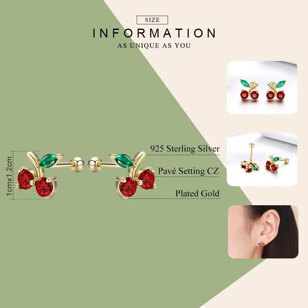 925 Sterling Silver Red & Gold and Green Cherry Stud Earrings