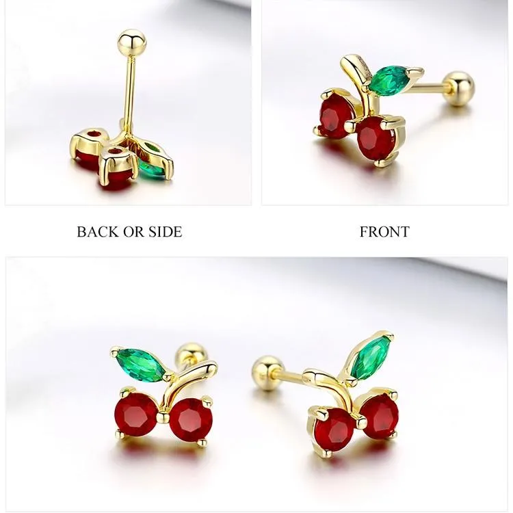 925 Sterling Silver Red & Gold and Green Cherry Stud Earrings