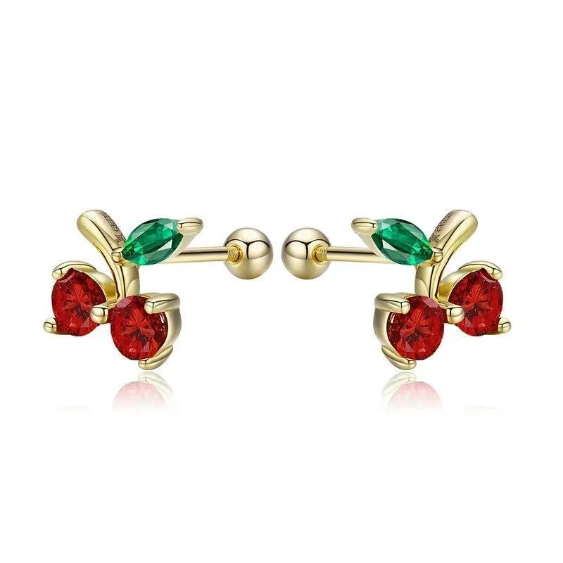 925 Sterling Silver Red & Gold and Green Cherry Stud Earrings