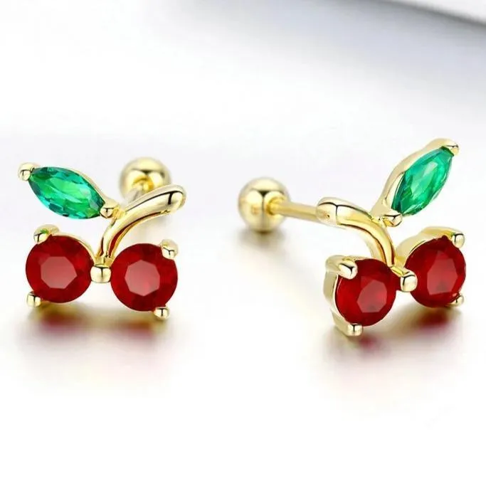 925 Sterling Silver Red & Gold and Green Cherry Stud Earrings