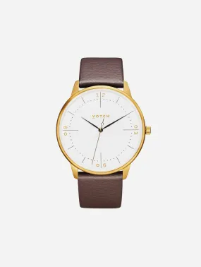 Aalto Watch with Gold & White Dial |  Brown Vegan Leather Strap