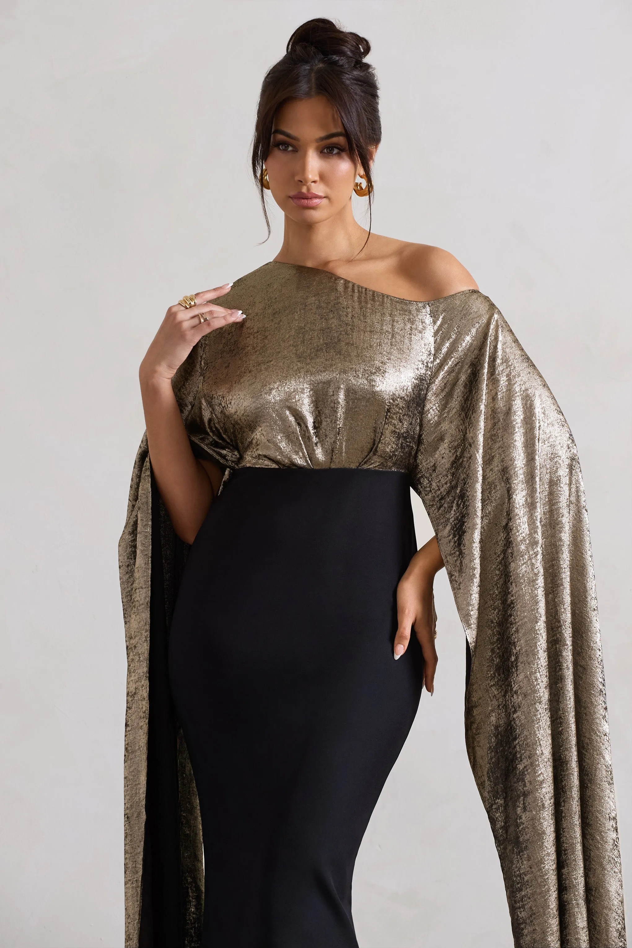 Alura | Black & Gold Metallic One Shoulder Cape Maxi Dress