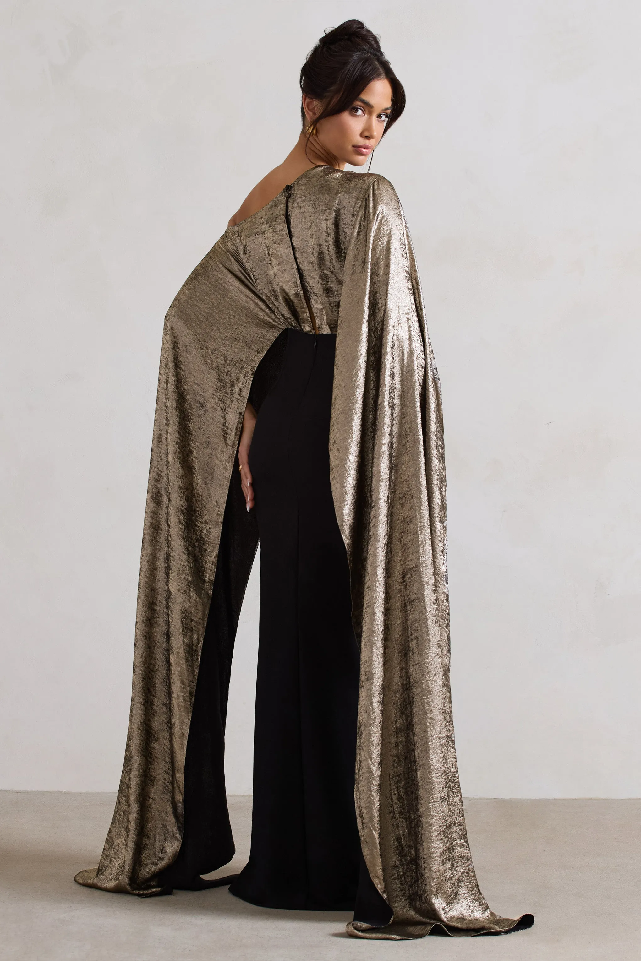 Alura | Black & Gold Metallic One Shoulder Cape Maxi Dress