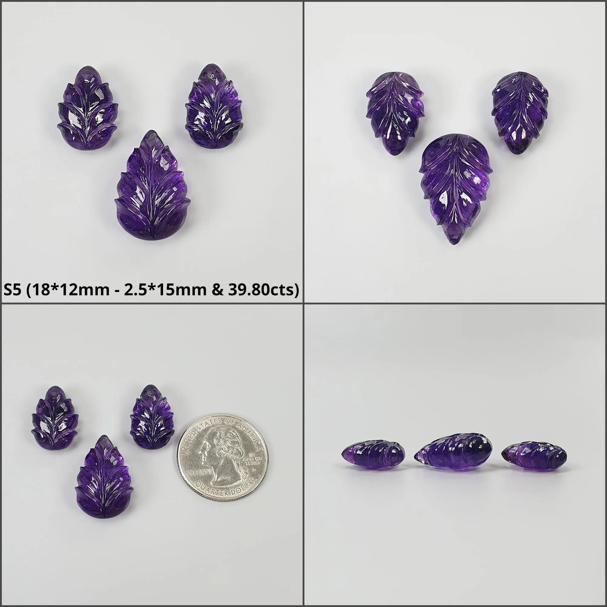 Amethyst Gemstone Carving : Natural Untreated Purple Amethyst Hand Carved Uneven Shape Leaves 3pcs Set