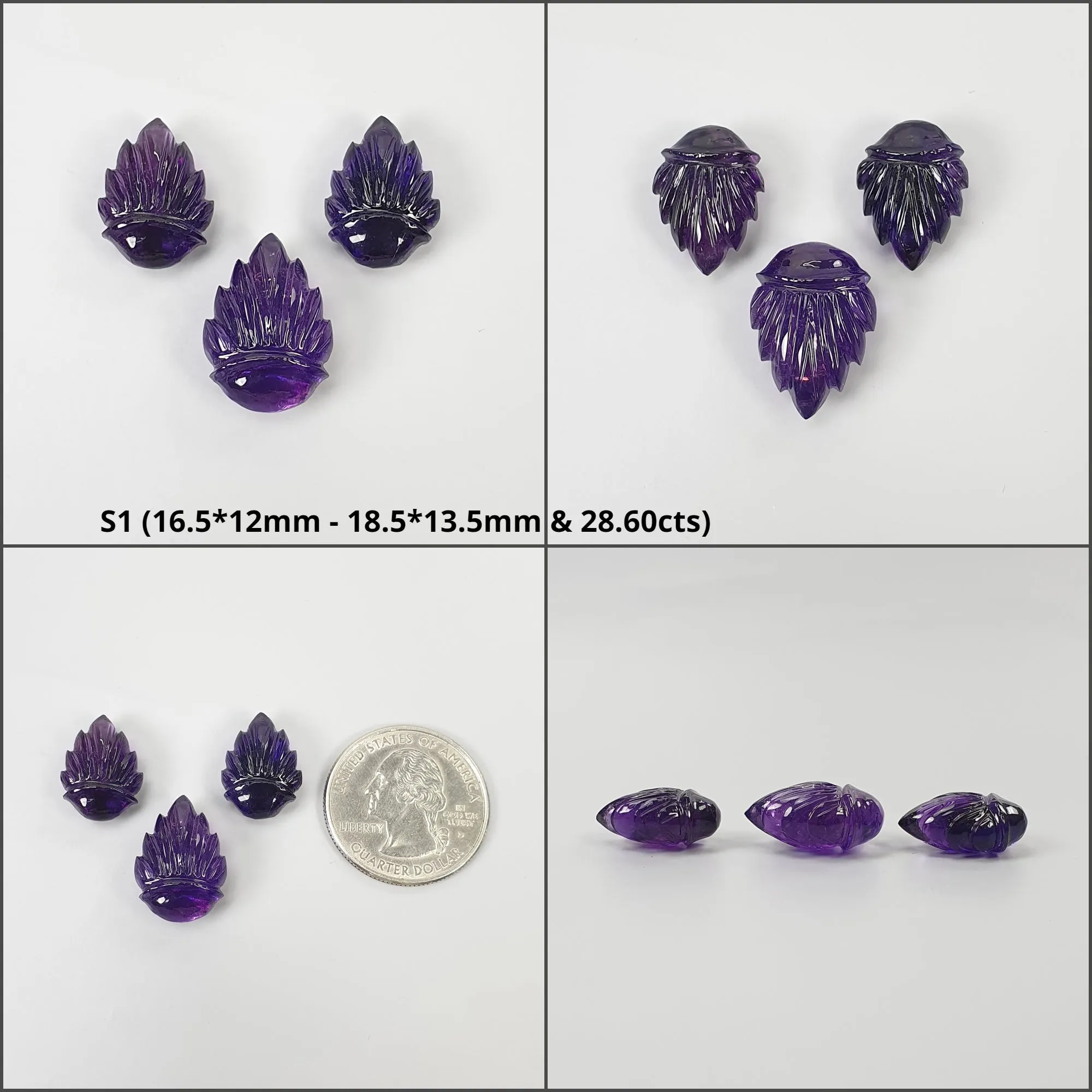 Amethyst Gemstone Carving : Natural Untreated Purple Amethyst Hand Carved Uneven Shape Leaves 3pcs Set