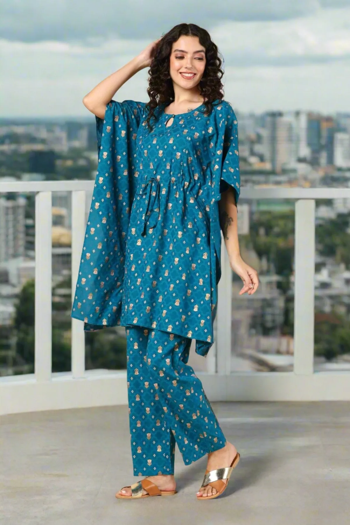 Aqua Blue Pregnancy Maternity Kaftan Set (Top & Bottom)