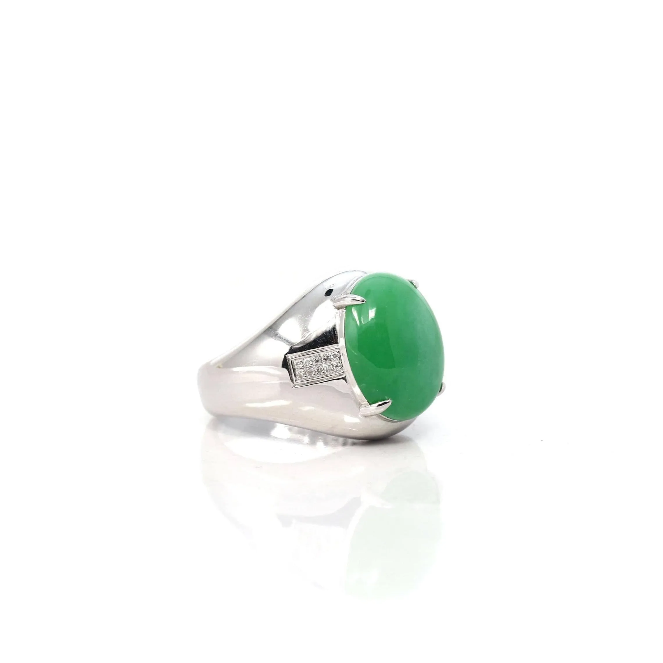 Baikalla 18k White Gold Imperial Green Jadeite Jade Men's Ring With VS1 Diamonds