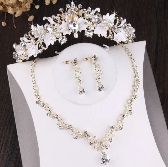 Baroque Vintage Gold, Crystal, Leaf, Pearl and Rhinestone Tiara, Necklace & Earrings Jewelry Set