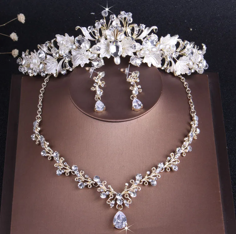 Baroque Vintage Gold, Crystal, Leaf, Pearl and Rhinestone Tiara, Necklace & Earrings Jewelry Set