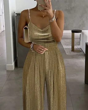 Beaded Strap Metallic Wide Leg Jumpsuit