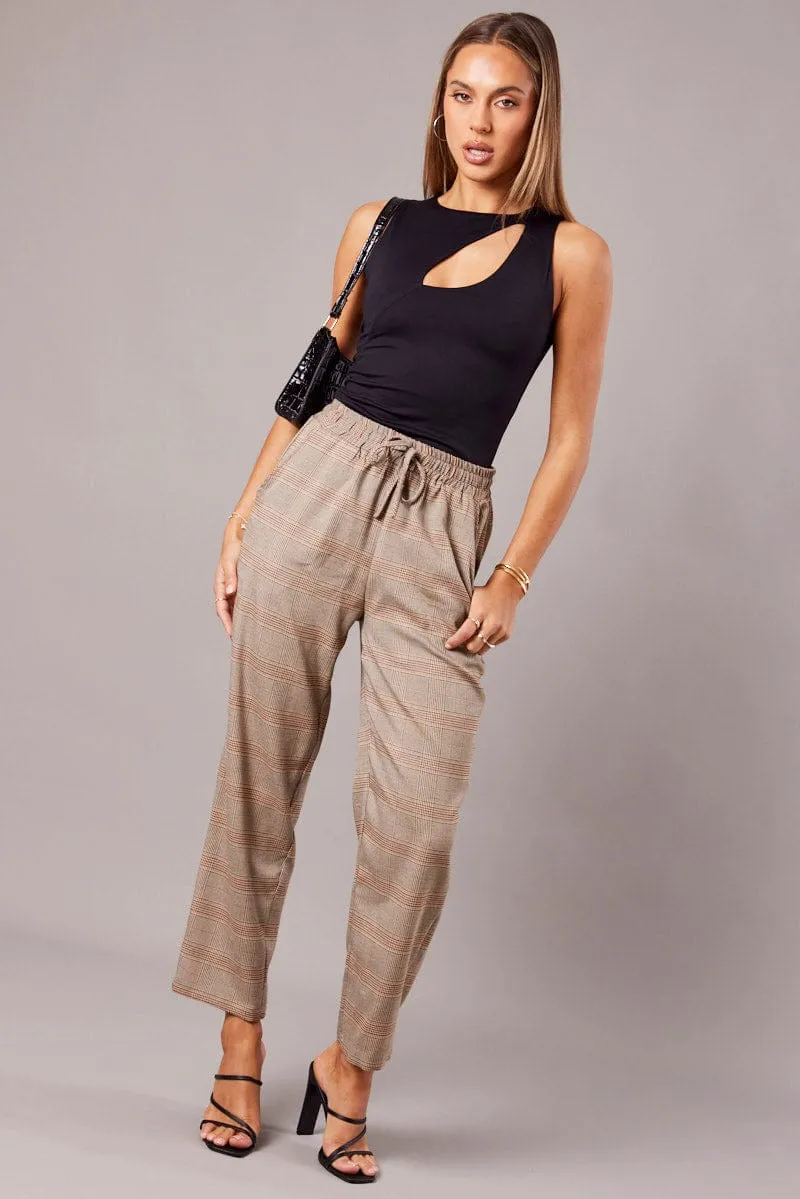 Beige Check Tapered Pants Elasticated Waist Cropped