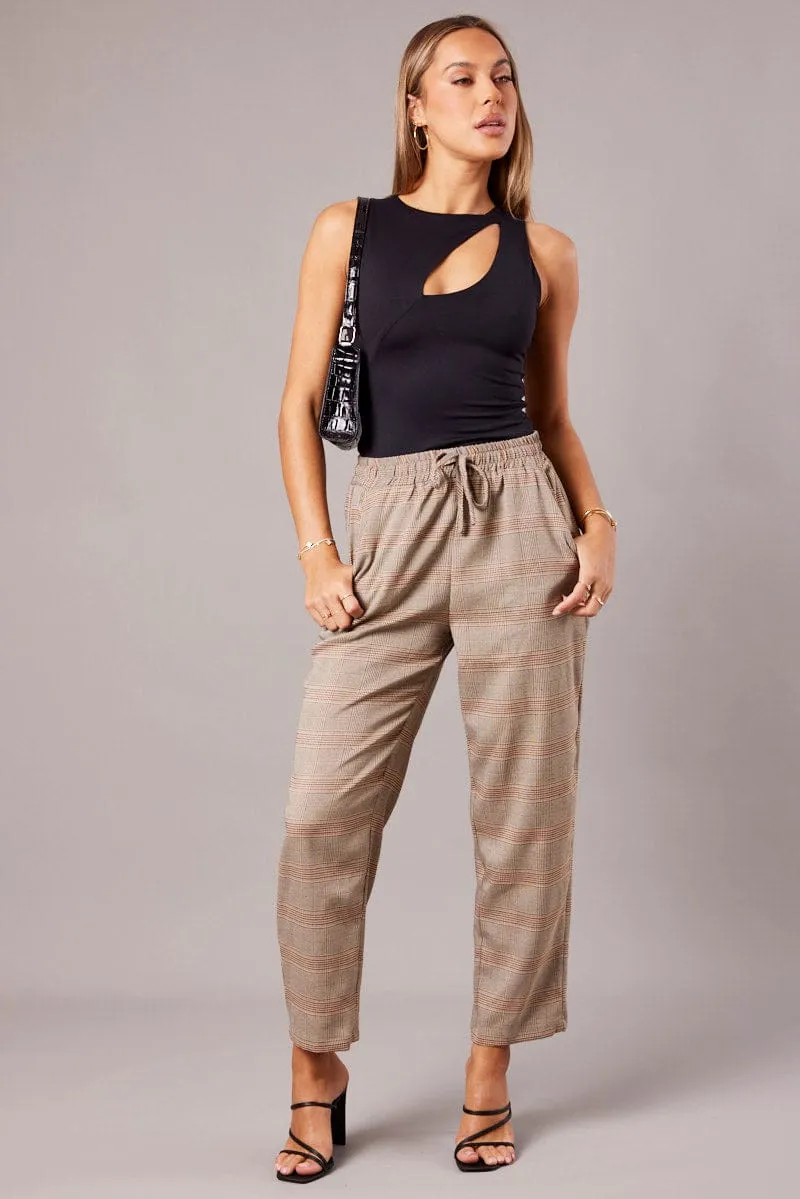 Beige Check Tapered Pants Elasticated Waist Cropped