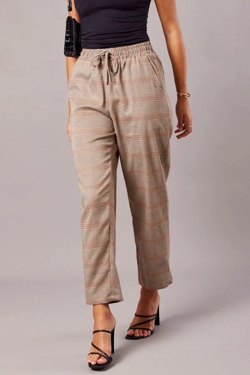 Beige Check Tapered Pants Elasticated Waist Cropped