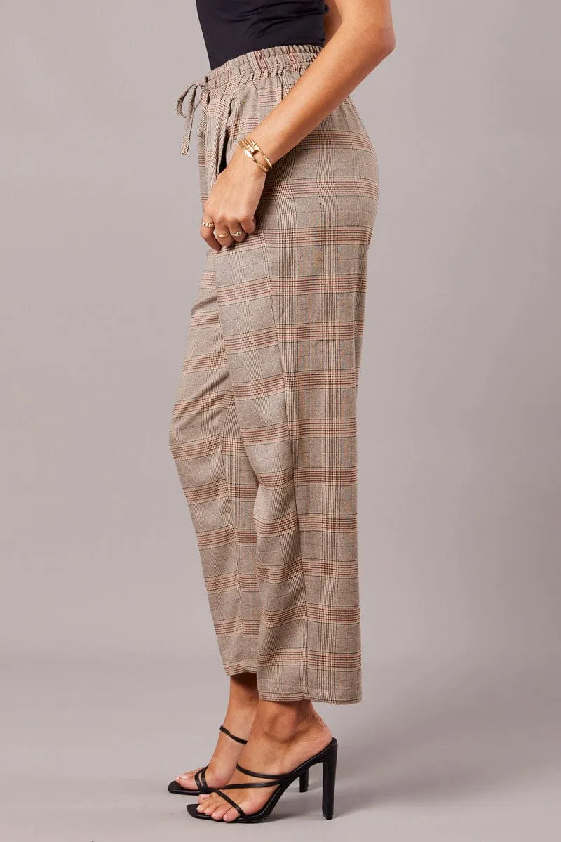 Beige Check Tapered Pants Elasticated Waist Cropped