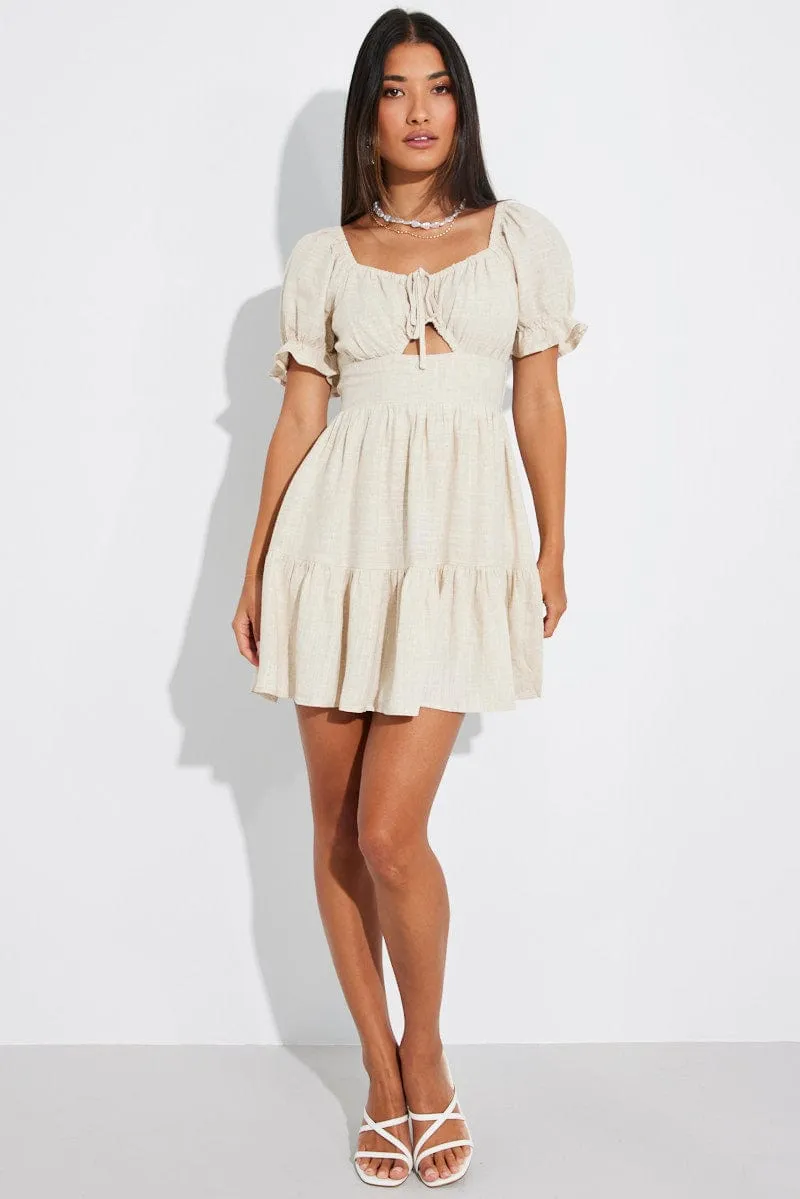 Beige Fit and Flare Dress Short Sleeve Linen Blend