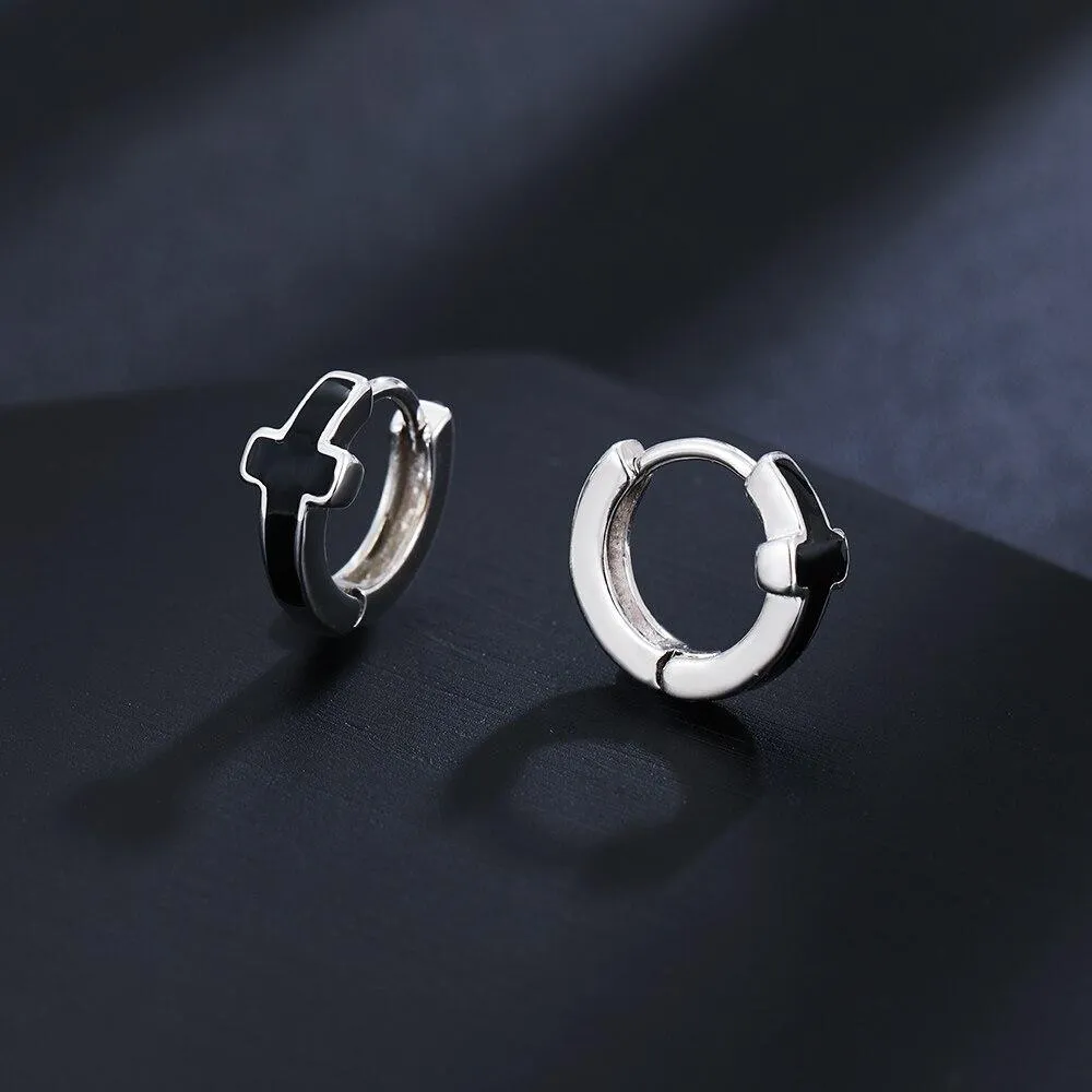 Black & Silver Circle Cross Hoop Earrings