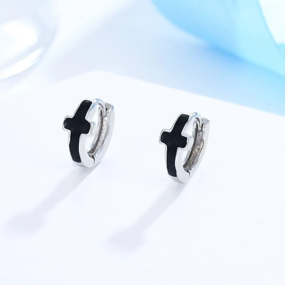 Black & Silver Circle Cross Hoop Earrings