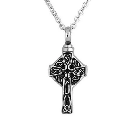 Black & Silver Vintage Cremation Cross Bone Urn Pendant Necklace