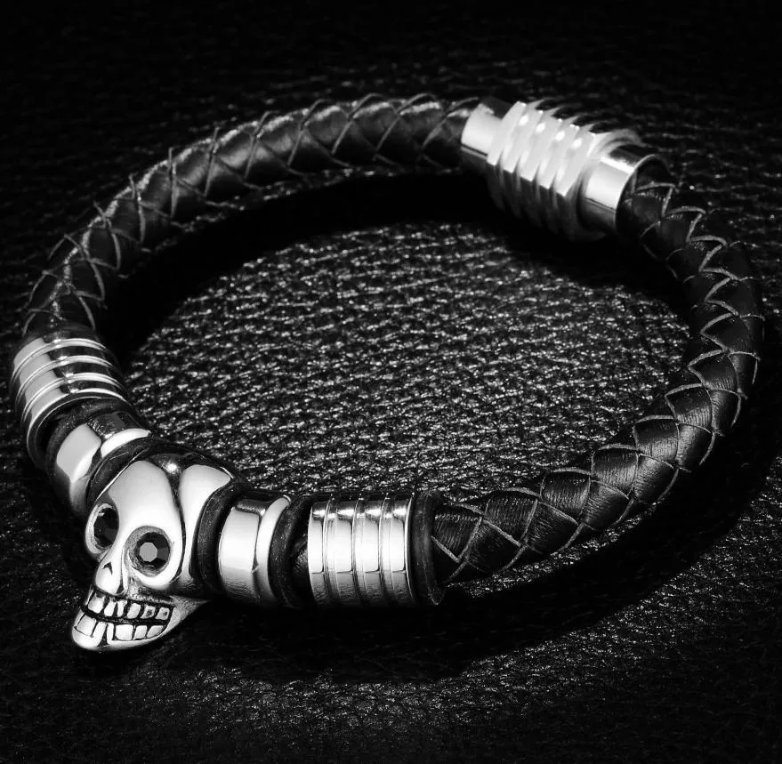 Black Braided Leather Stainless Skull with Cubic Zirconia Bracelet