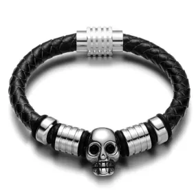 Black Braided Leather Stainless Skull with Cubic Zirconia Bracelet