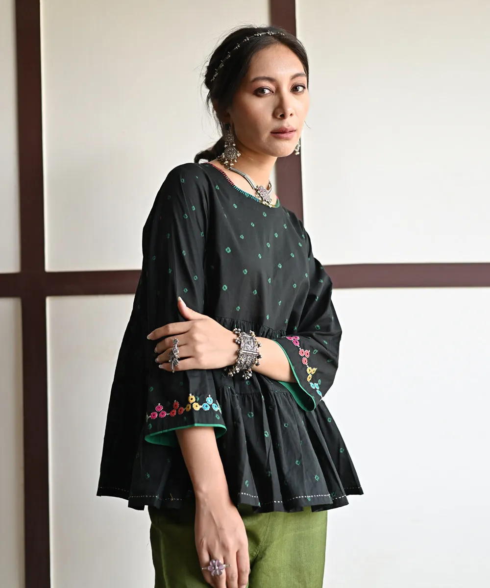 Black hand embroidered cotton bandhej top