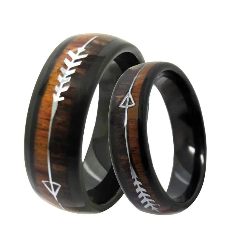 Black Tungsten Carbide in Two-Tone Koa Wood Inlay with Silver Arrow Wedding Band