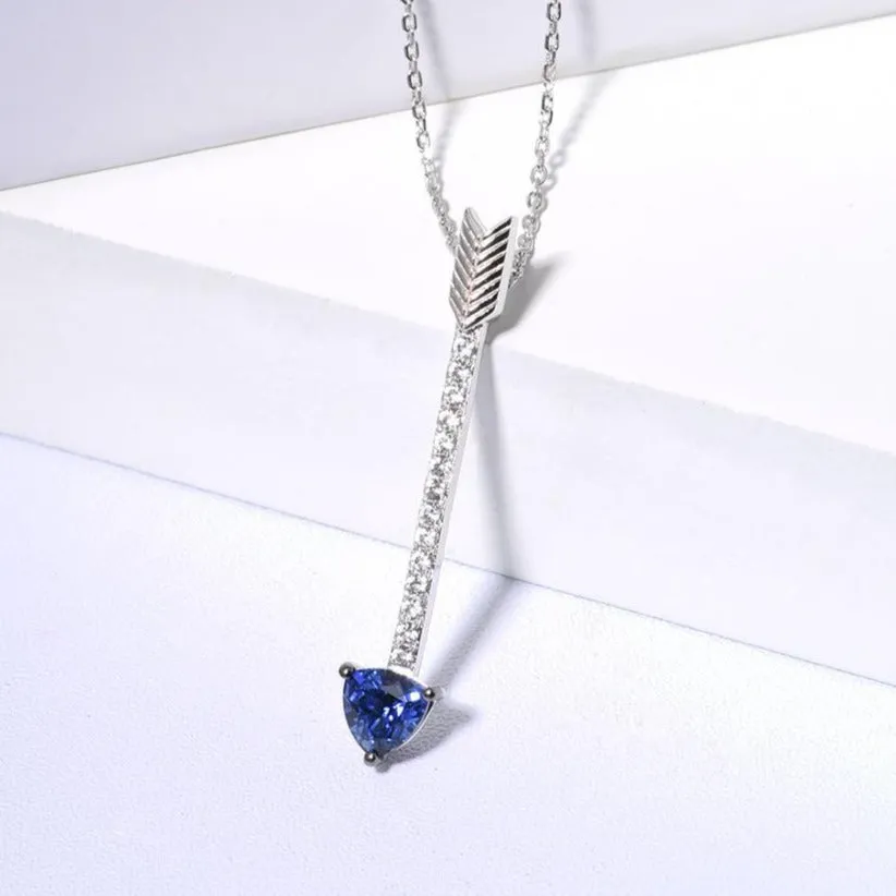 Blue and White Sapphire Arrow-Shaped Design 925 Sterling Silver Pendant Necklace