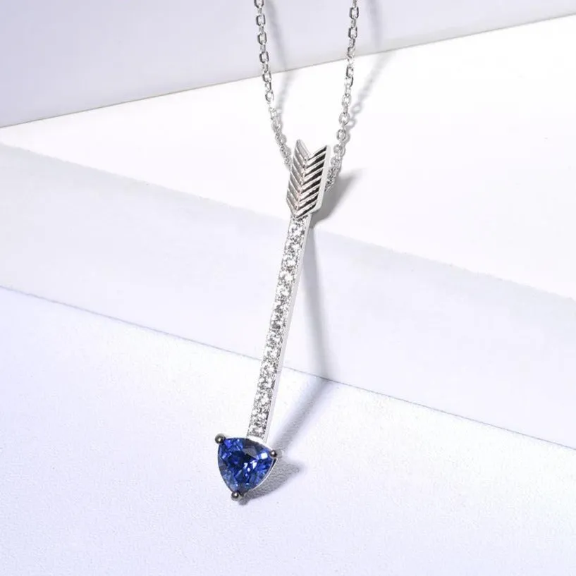 Blue and White Sapphire Arrow-Shaped Design 925 Sterling Silver Pendant Necklace