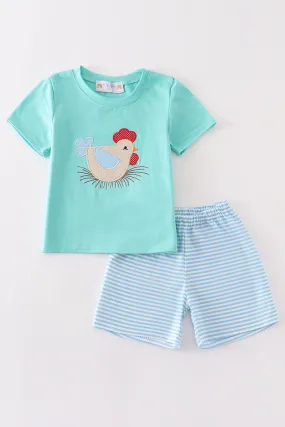 Blue chicken applique boy set