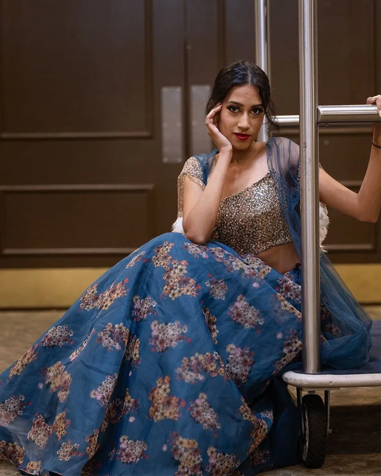 Blue Color Organza Floral Work Lehenga - Rent