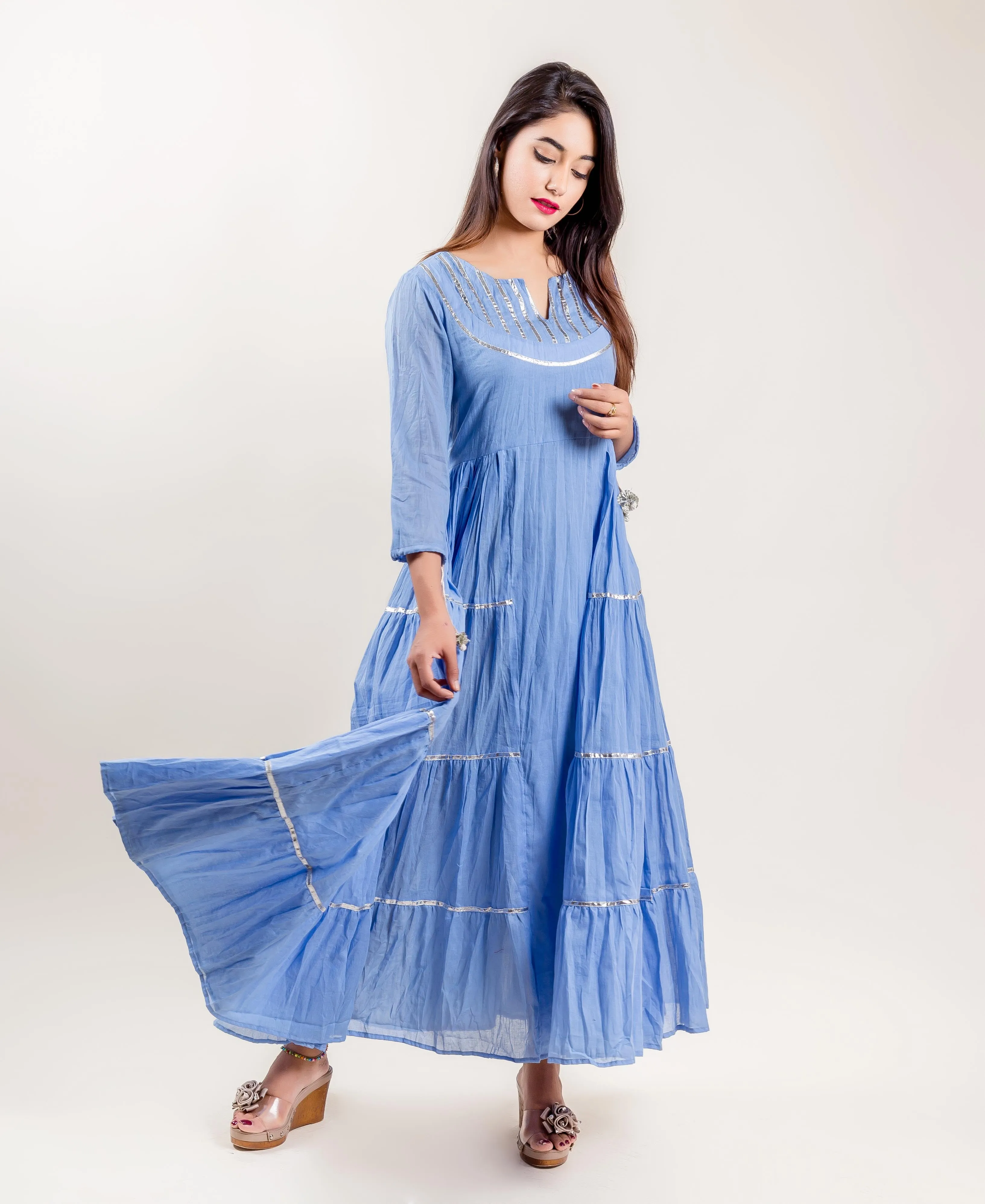 Blue Cotton Tiered Indo Western Style Gown Dress